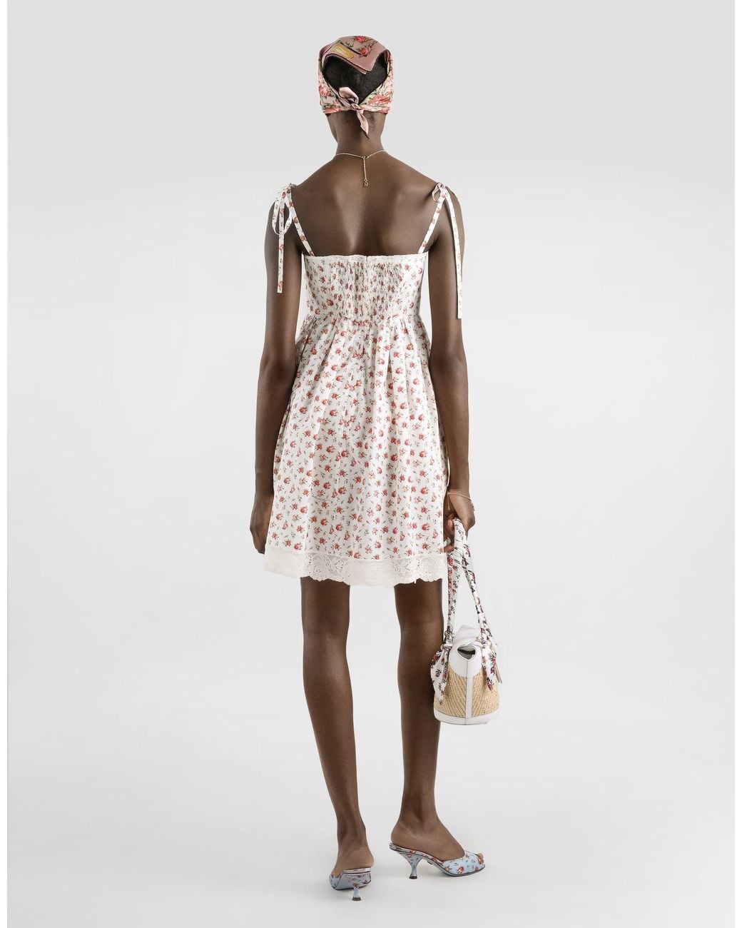 Dolce & Gabbana White Small Rose-Print Short Poplin Dress