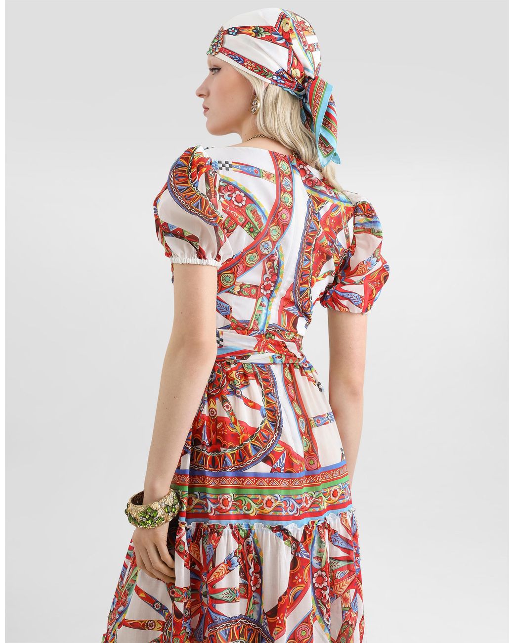 Dolce & Gabbana White Long Batiste Dress With Carretto-Print