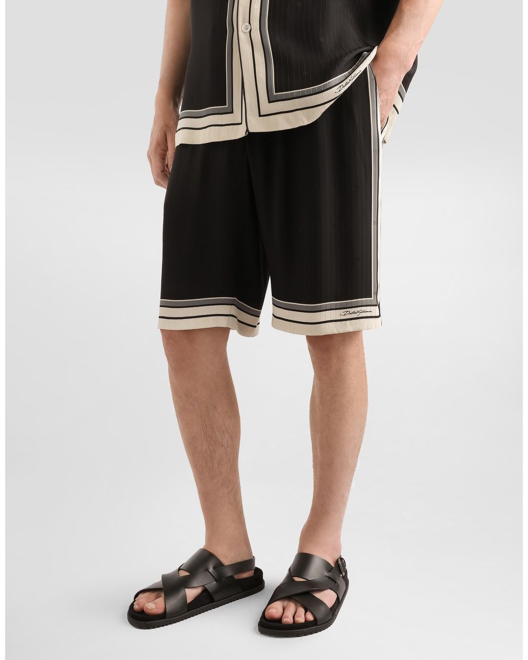 Dolce & Gabbana Black Logo And Stripe-Print Vanity Silk Bermuda Shorts for men