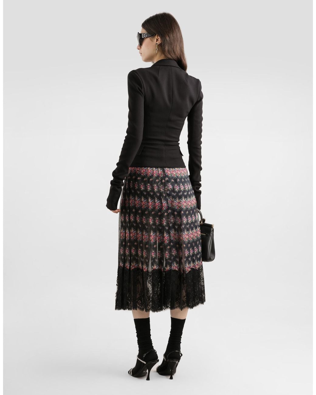 Dolce & Gabbana Black Small Flower Bouquets-Print Pleated Chiffon Skirt