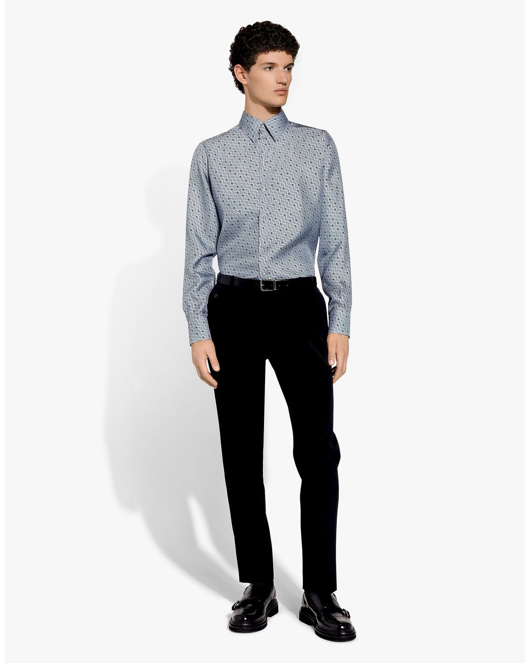 Dolce & Gabbana Blue Silk Martini-Fit Shirt With Tie Print for men