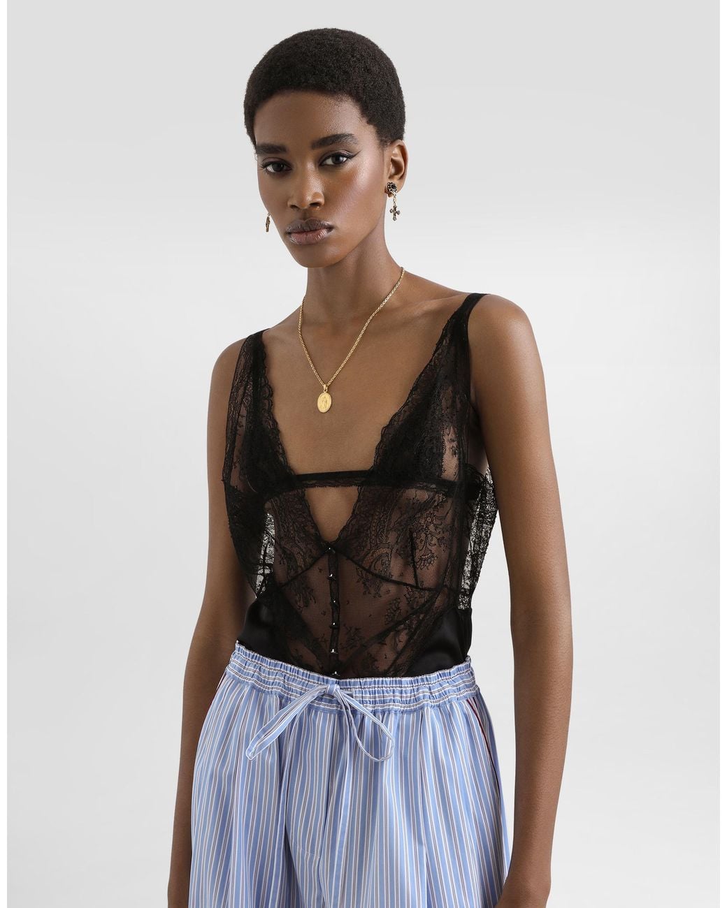 Dolce & Gabbana Black Silk Top With Lace Inserts