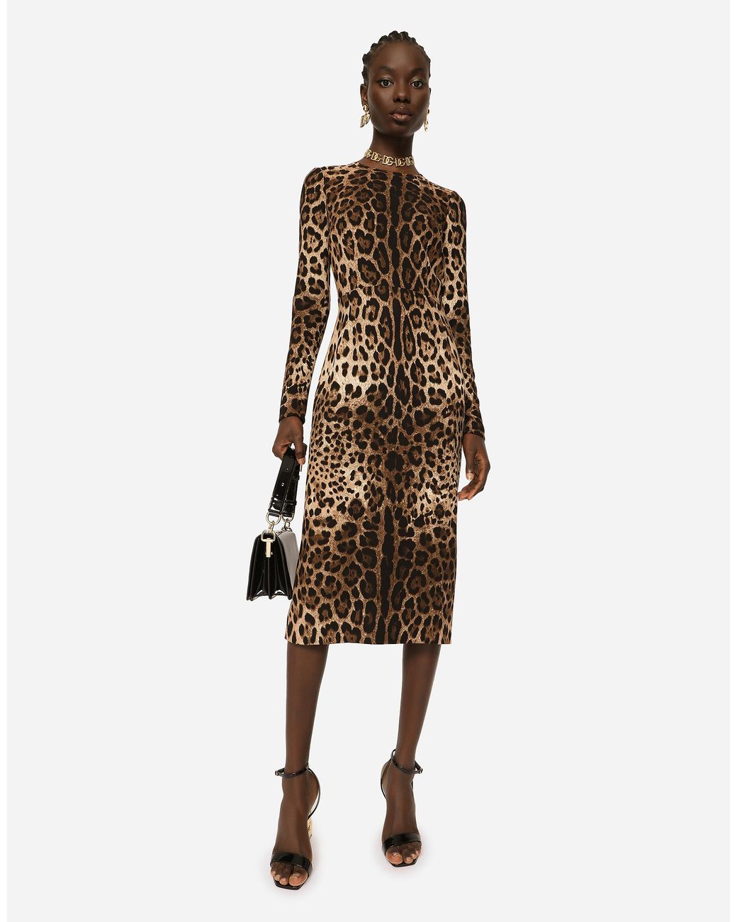 Dolce & Gabbana Natural Leopard-Print Cady Dress With Long Sleeves