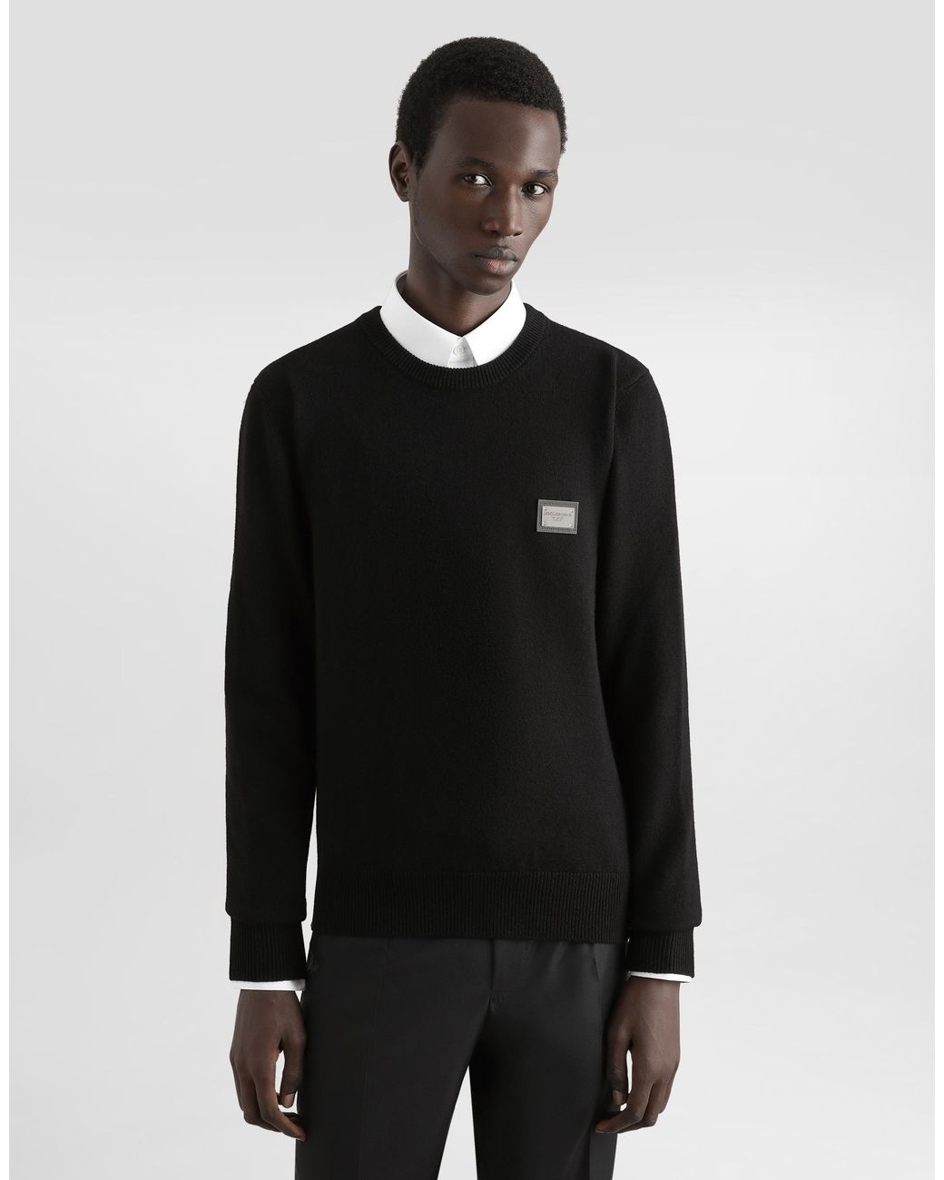 Dolce & Gabbana Black Wool Round-Neck Sweater With Branded Tag for men