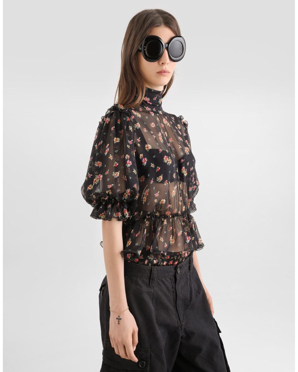 Dolce & Gabbana Black Small Floral-Print Chiffon Top