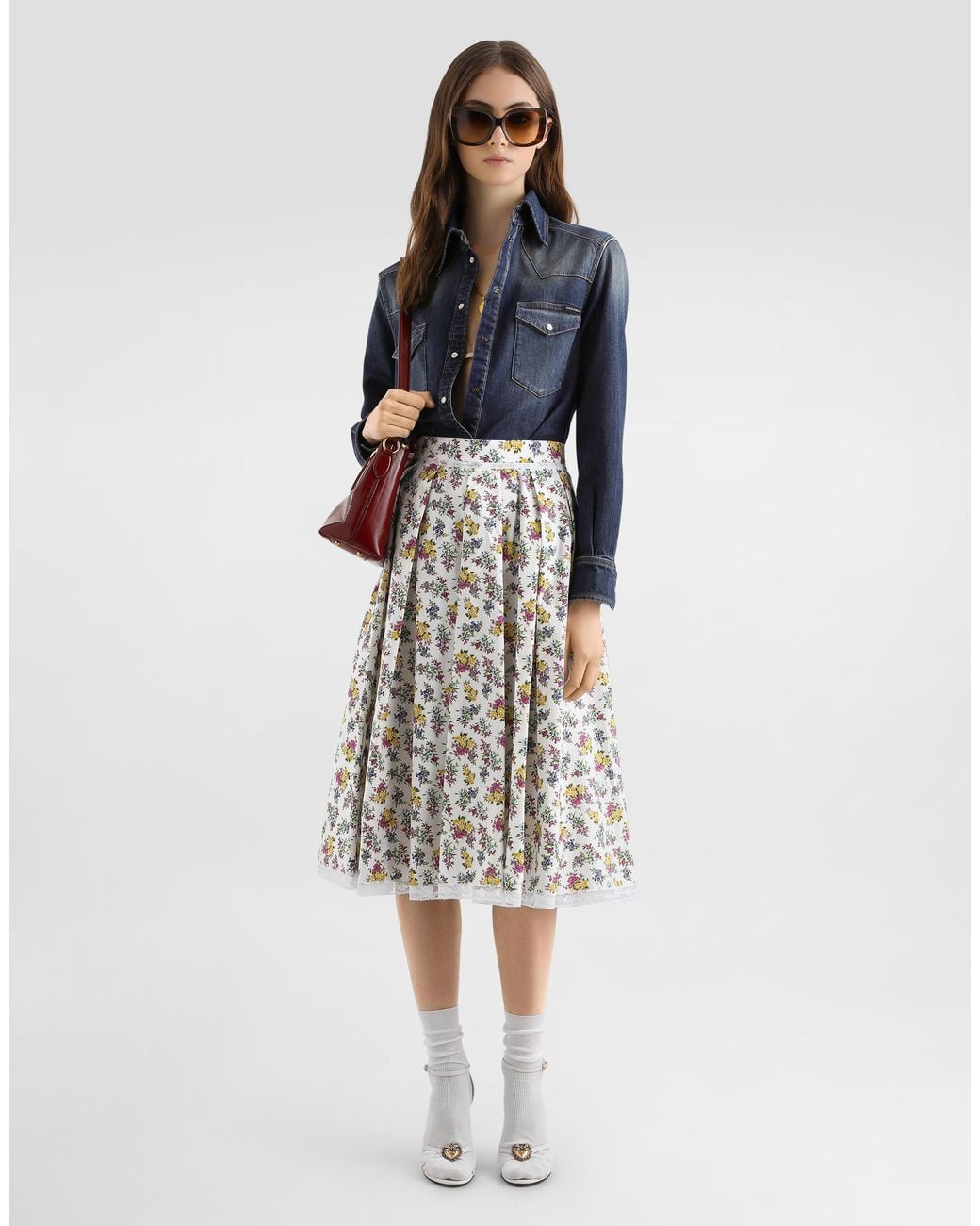Dolce & Gabbana White Small Floral-Print Poplin Skirt