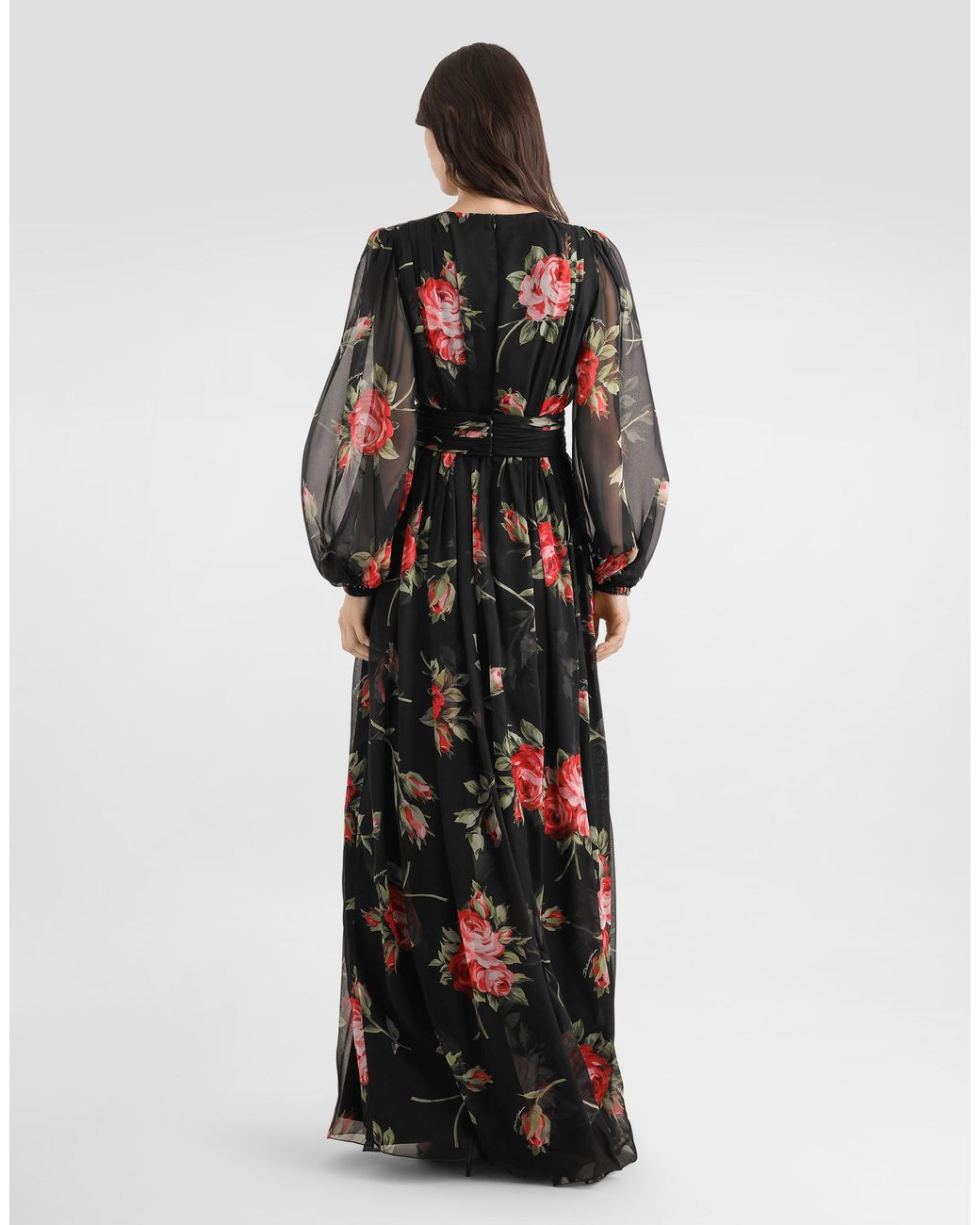 Dolce & Gabbana Black Rose Bouquet-Print Long Chiffon Dress