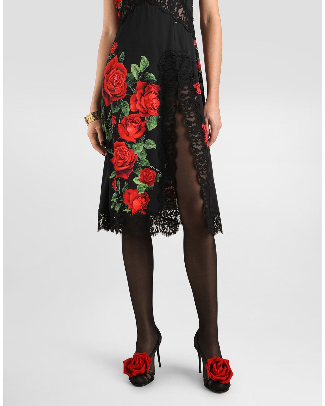 Dolce & Gabbana Red Rose-Print Charmeuse Dress�