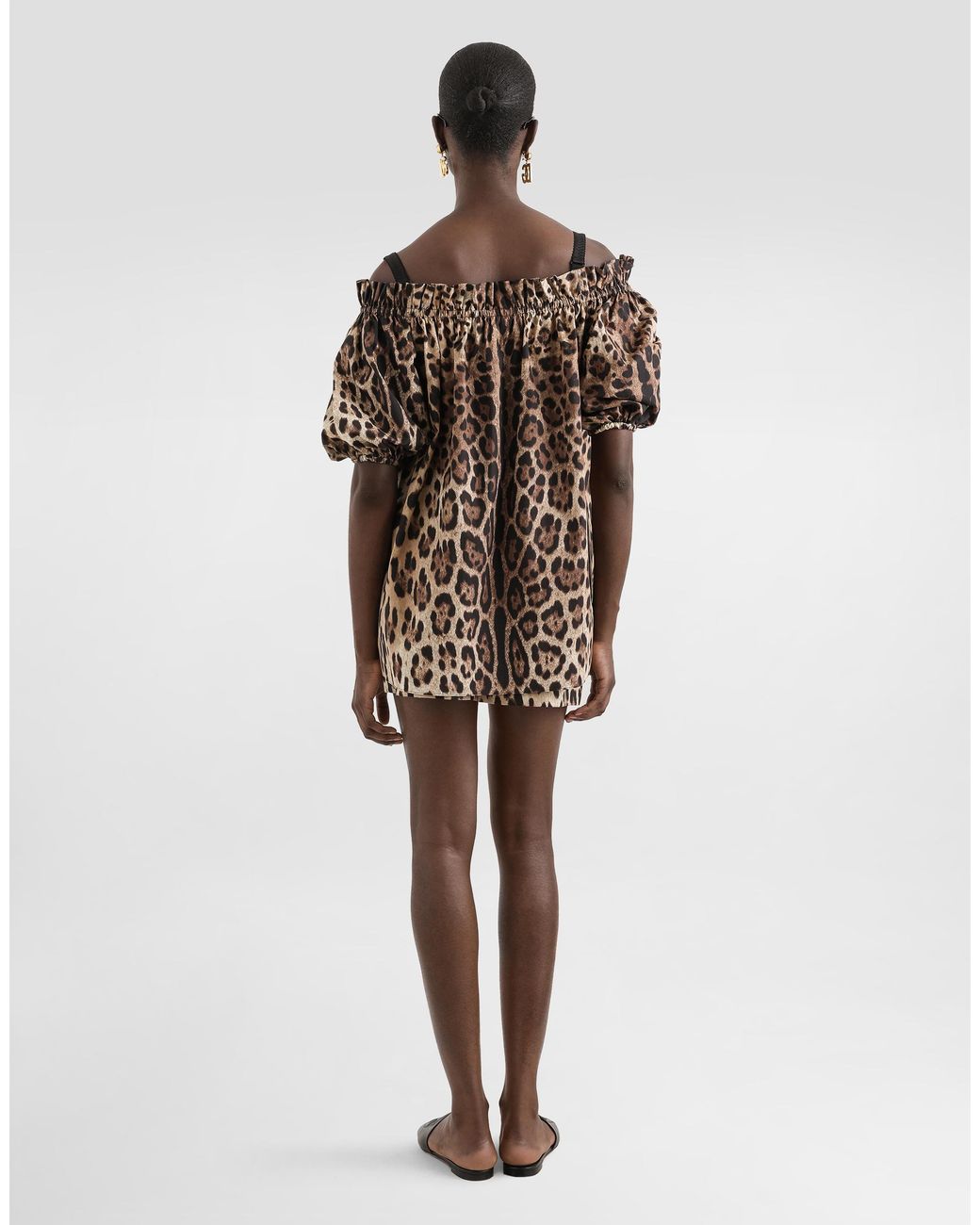 Dolce & Gabbana Natural Short-Sleeved Leopard-Print Poplin Top