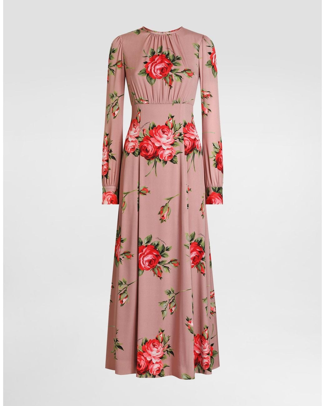 Dolce & Gabbana Red Rose Bouquet-Print Charmeuse Long Dress