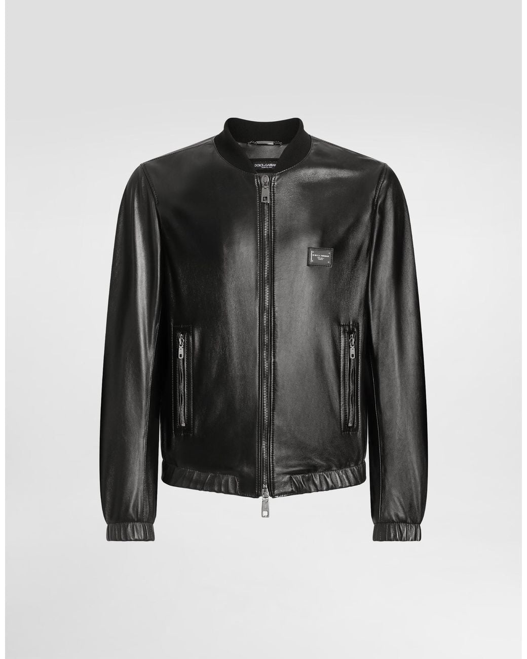 Dolce & Gabbana Black Lamb Leather Jacket With Front Metal Logo Plaque for men