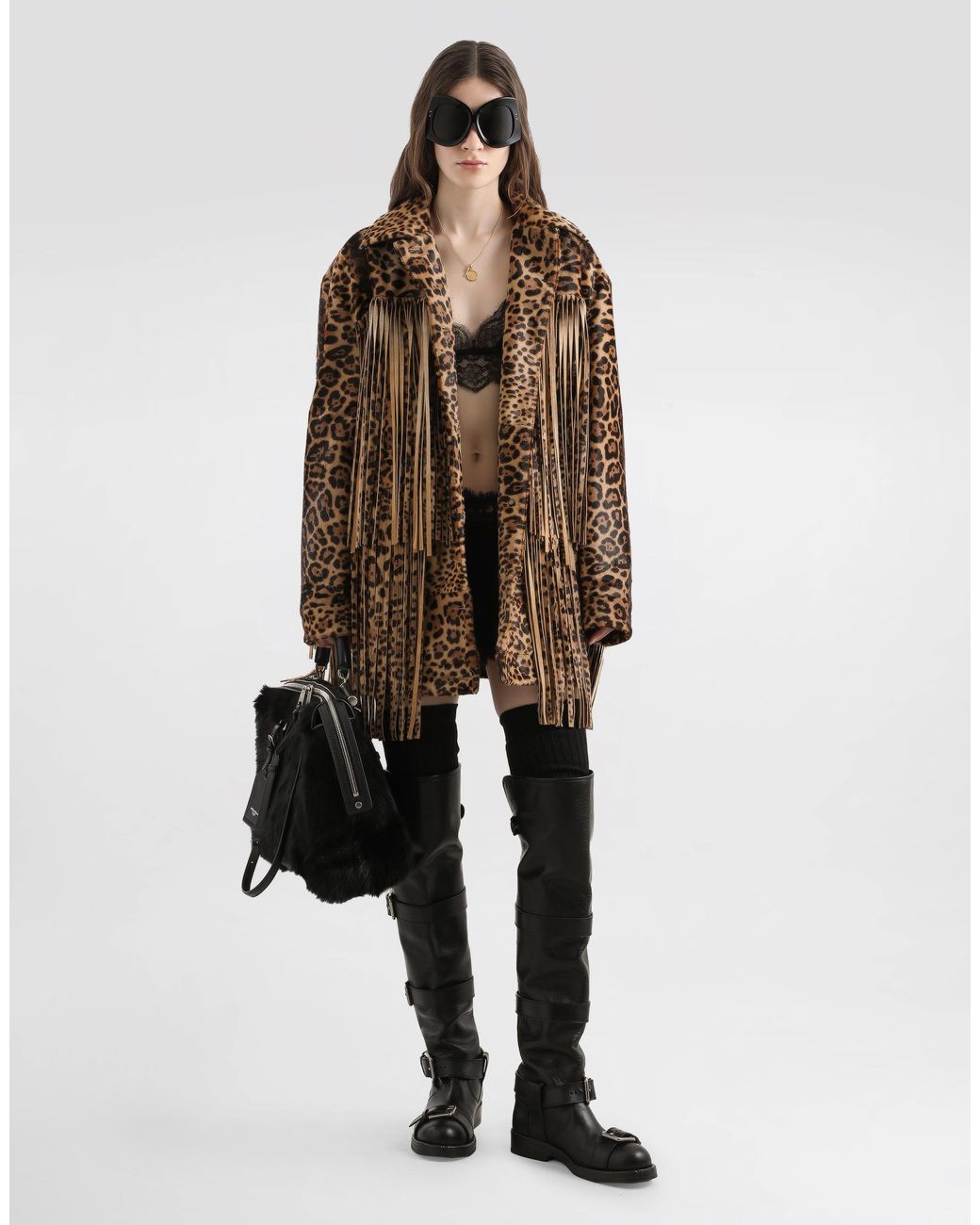 Dolce & Gabbana Brown Leopard-Print Fringed Jacket