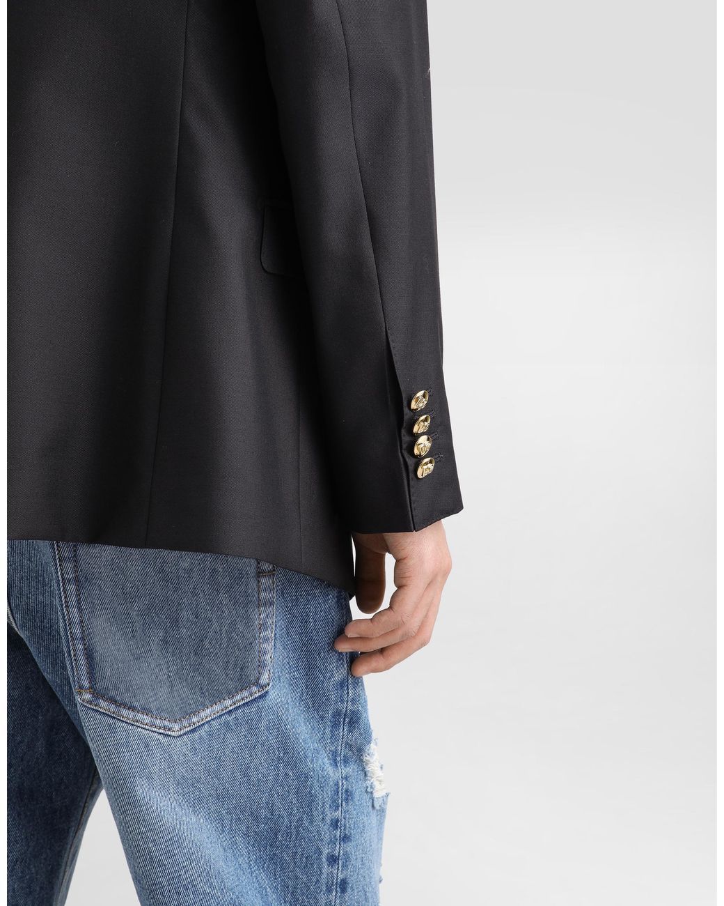 Dolce & Gabbana Blue Single-Breasted Wool And Silk Jacket With Patch for men