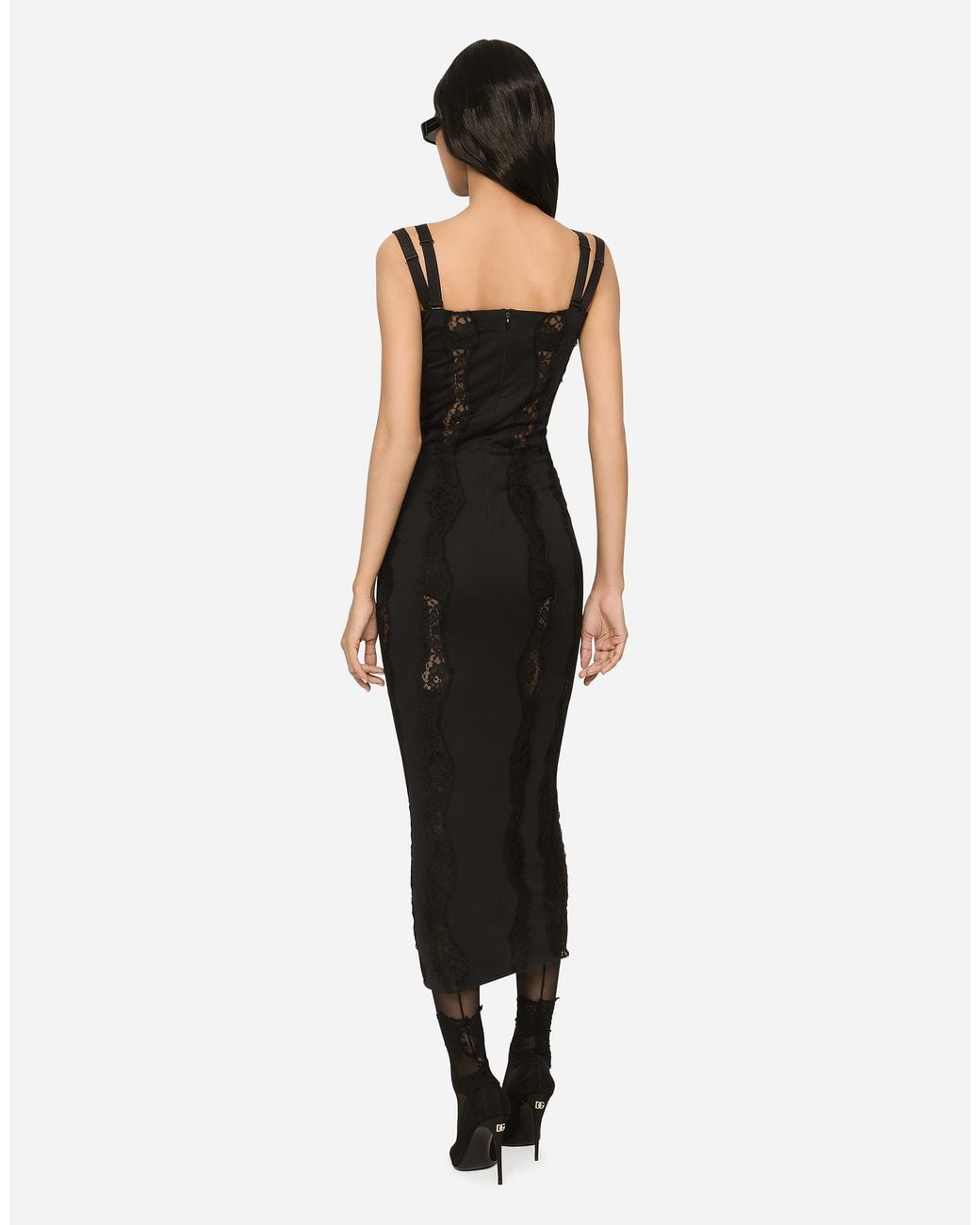 Dolce & Gabbana Black Longuette-Kleid Aus Jersey Mit Einsätzen Aus Spitze