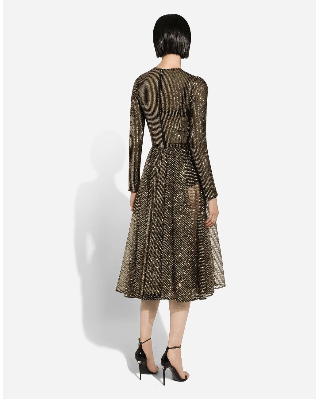 Dolce & Gabbana Natural Long-Sleeved Sequined Midi Dress