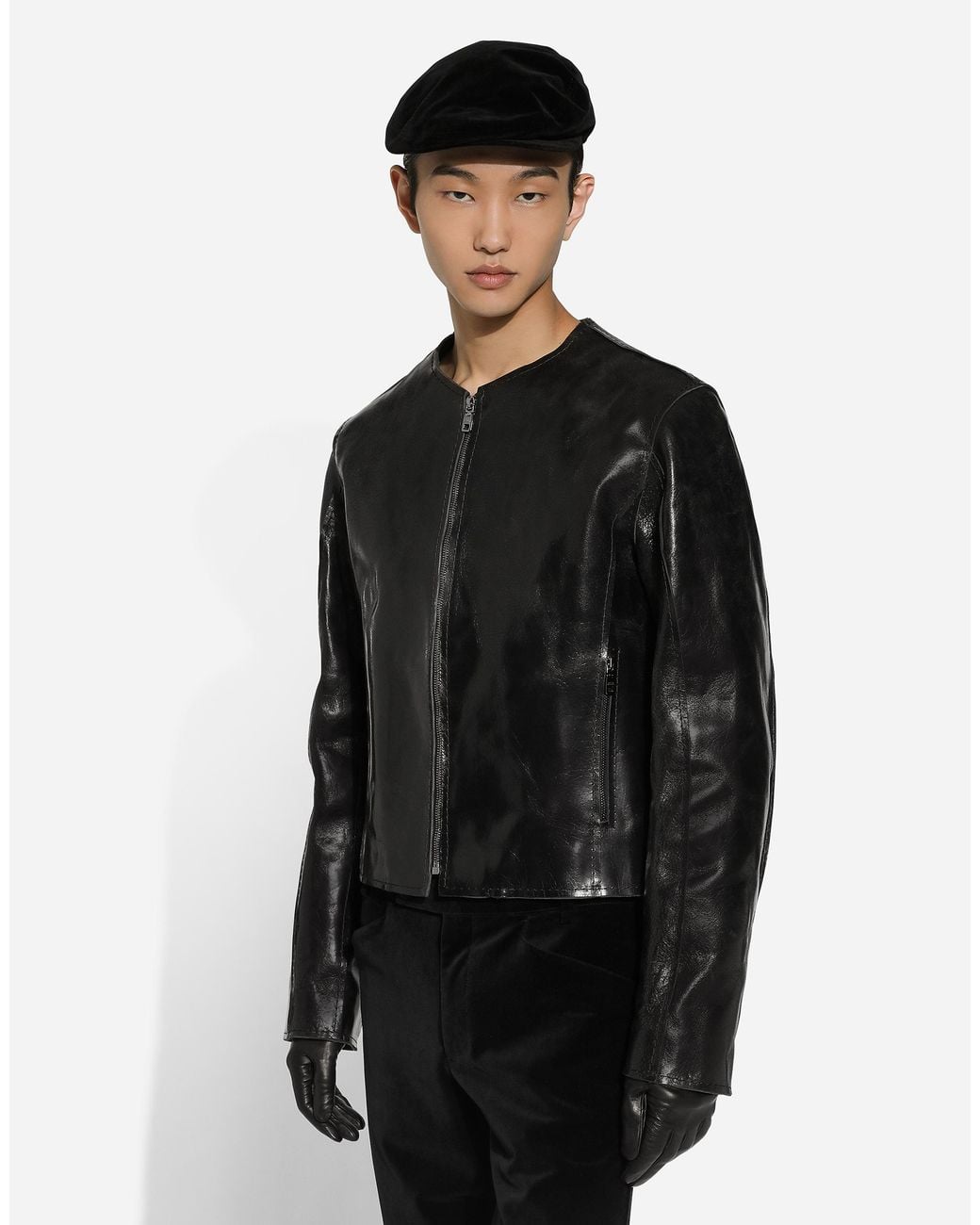 Dolce & Gabbana Black Collarless Leather Jacket for men