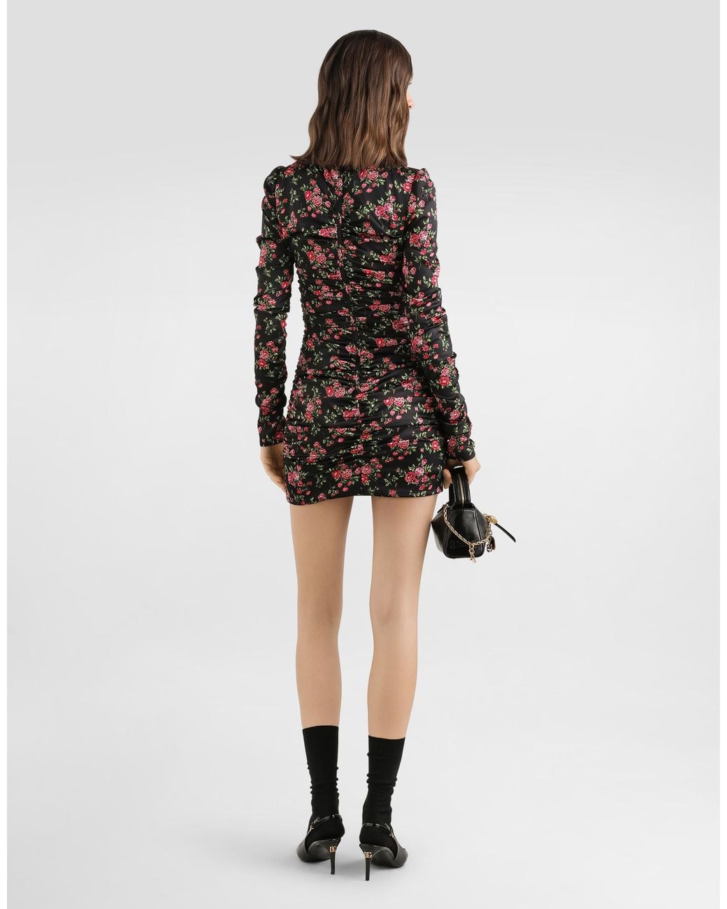 Dolce & Gabbana Black Small Rose Bouquets-Print Long Satin Dress