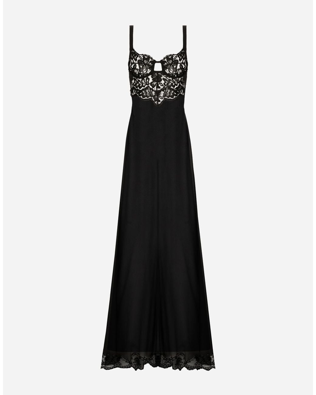 Dolce & Gabbana Black Long Silk Chiffon Dress With Lace Body