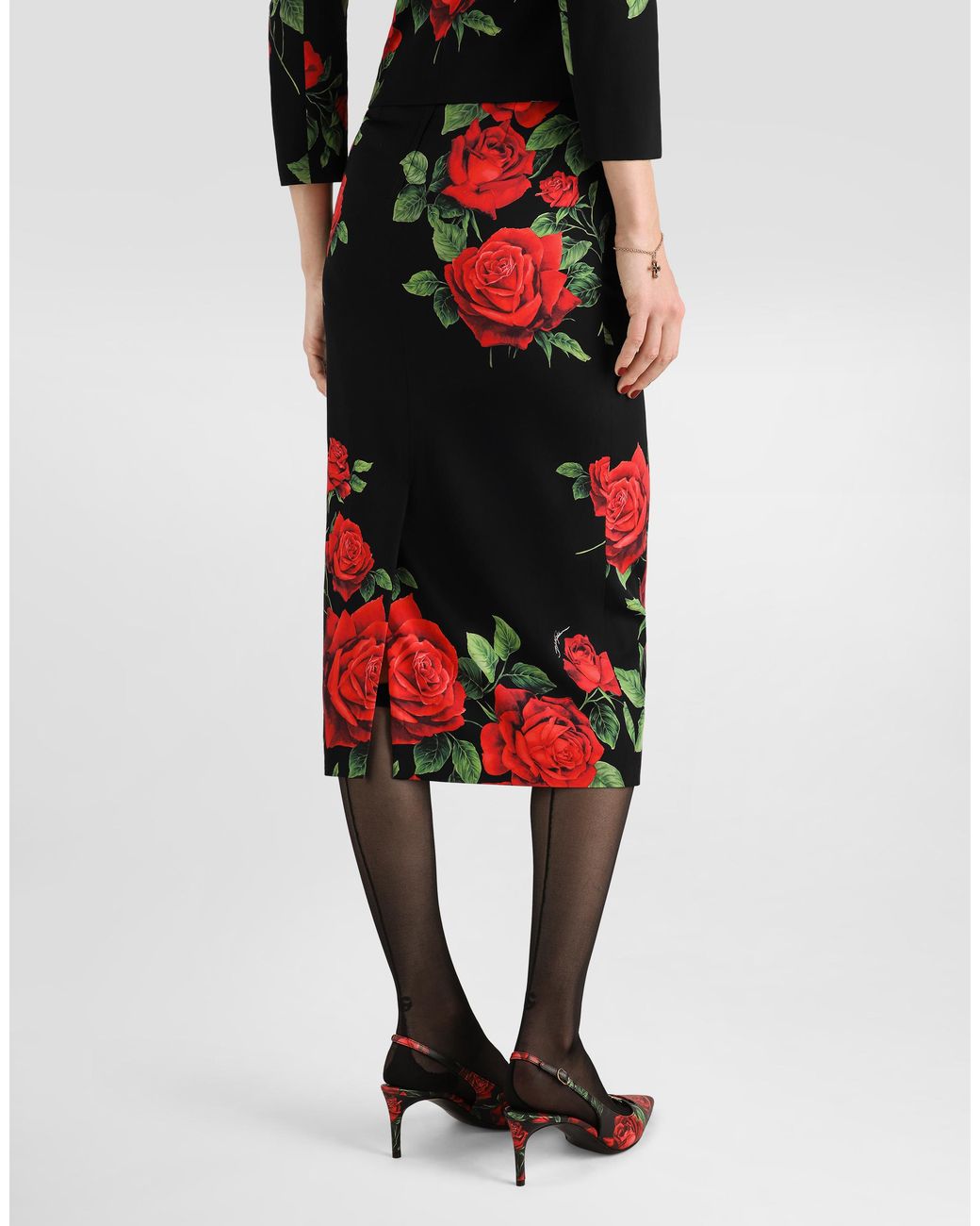 Dolce & Gabbana Red Rose-Print Charmeuse Skirt