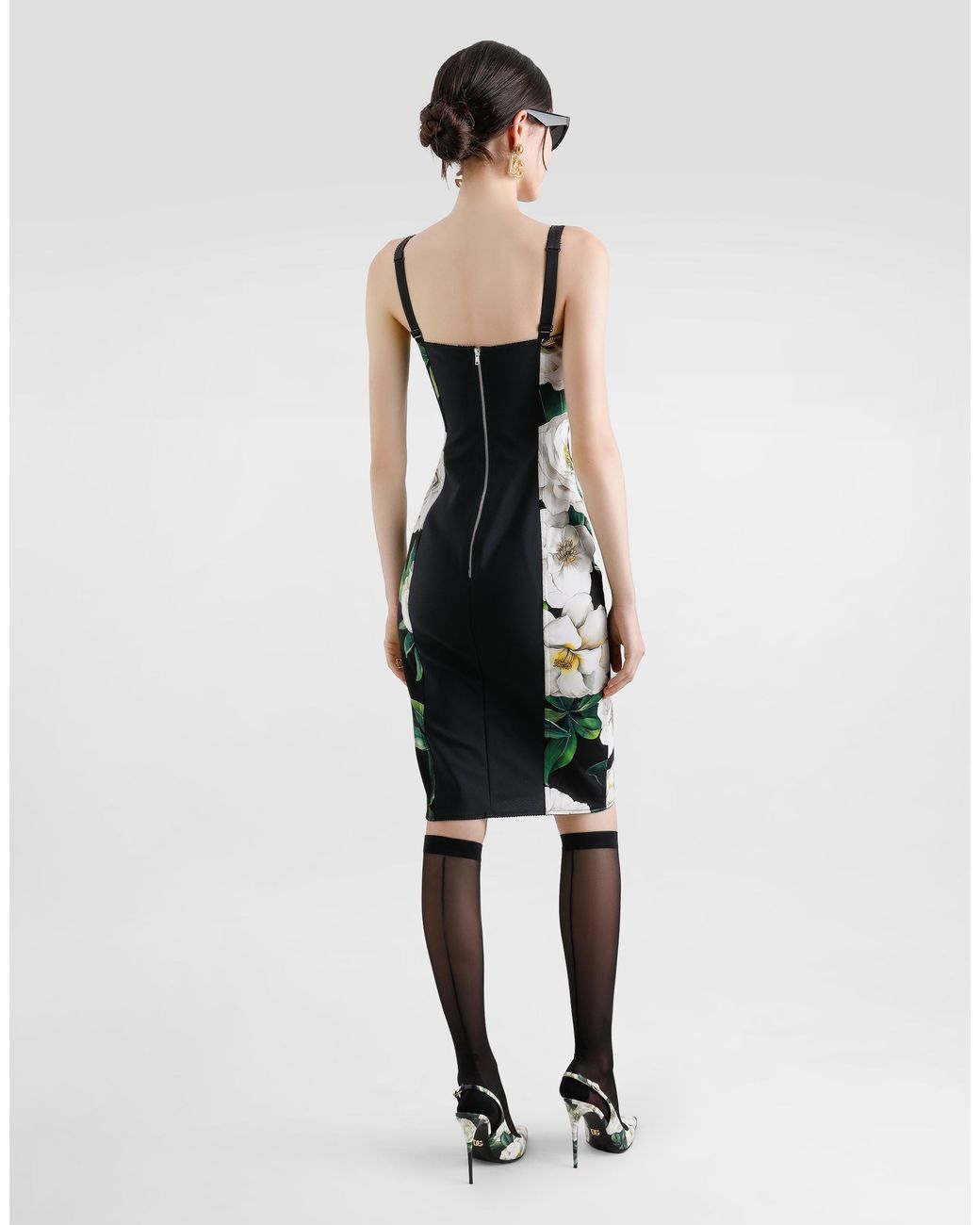 Dolce & Gabbana White Stretch Marquisette Midi Dress With Gardenia