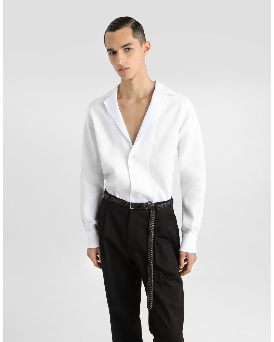 Dolce & Gabbana White Long-Sleeved V-Neck Shirt for men