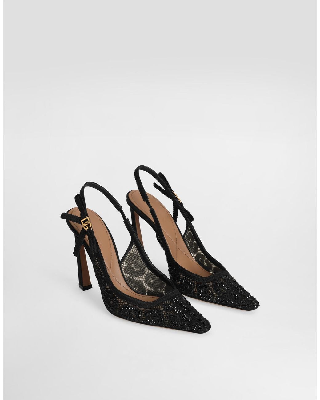 Dolce & Gabbana White Leopard-Design Lace Slingbacks With Fusible Rhinestones