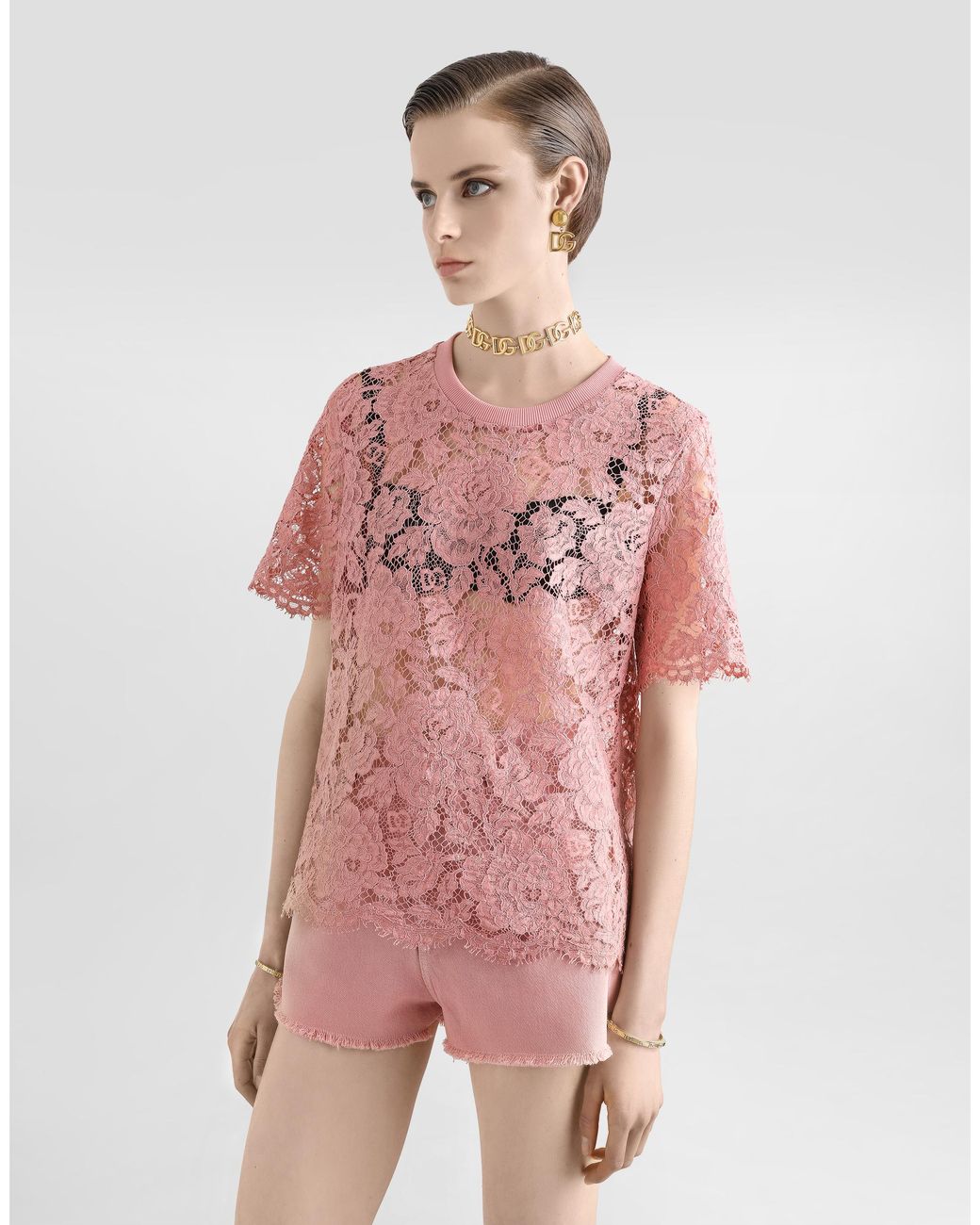 Dolce & Gabbana Pink Short-Sleeved Cordonetto Lace T-Shirt