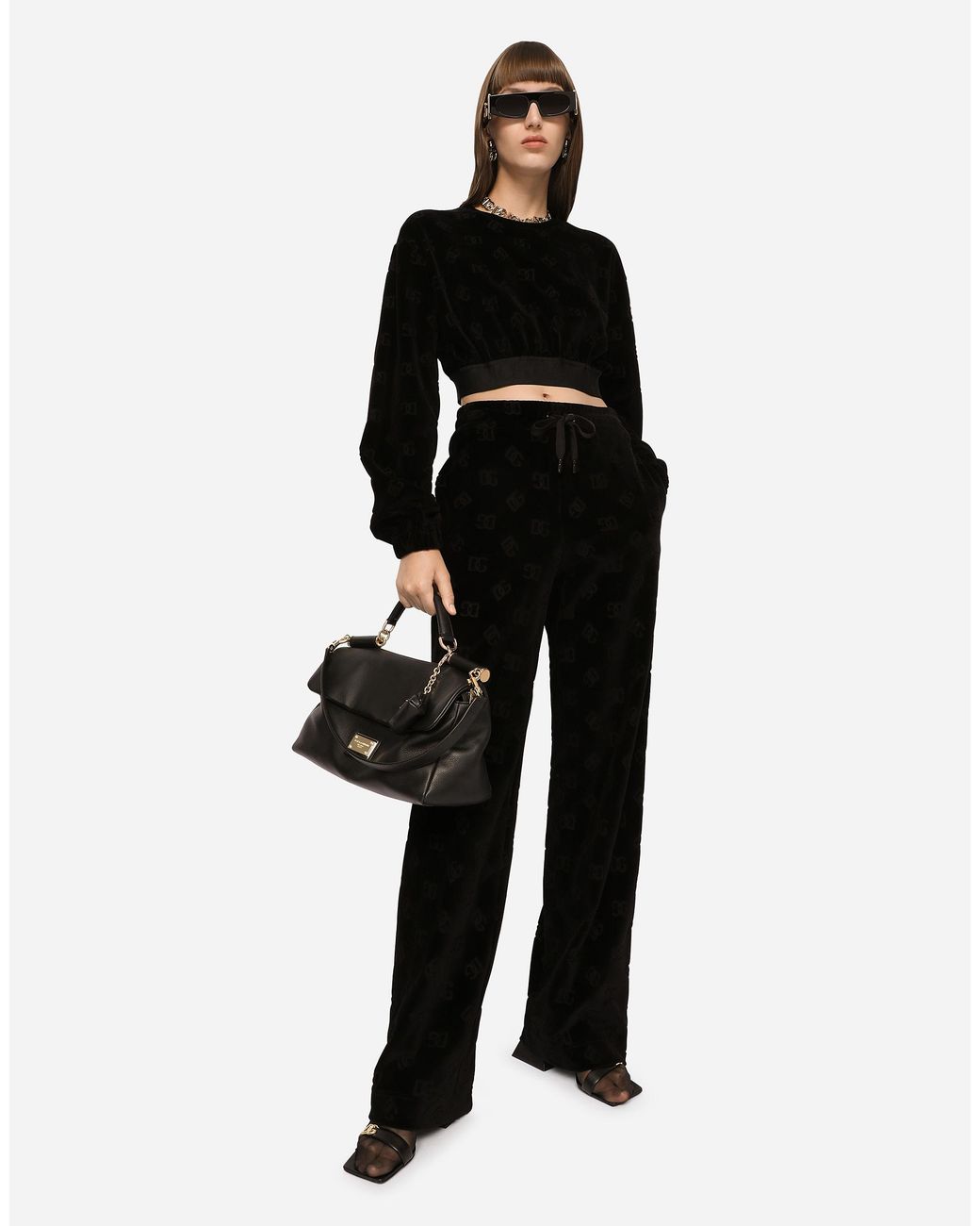 Dolce & Gabbana Black Hose aus beflocktem Jersey mit DG-Logo allover