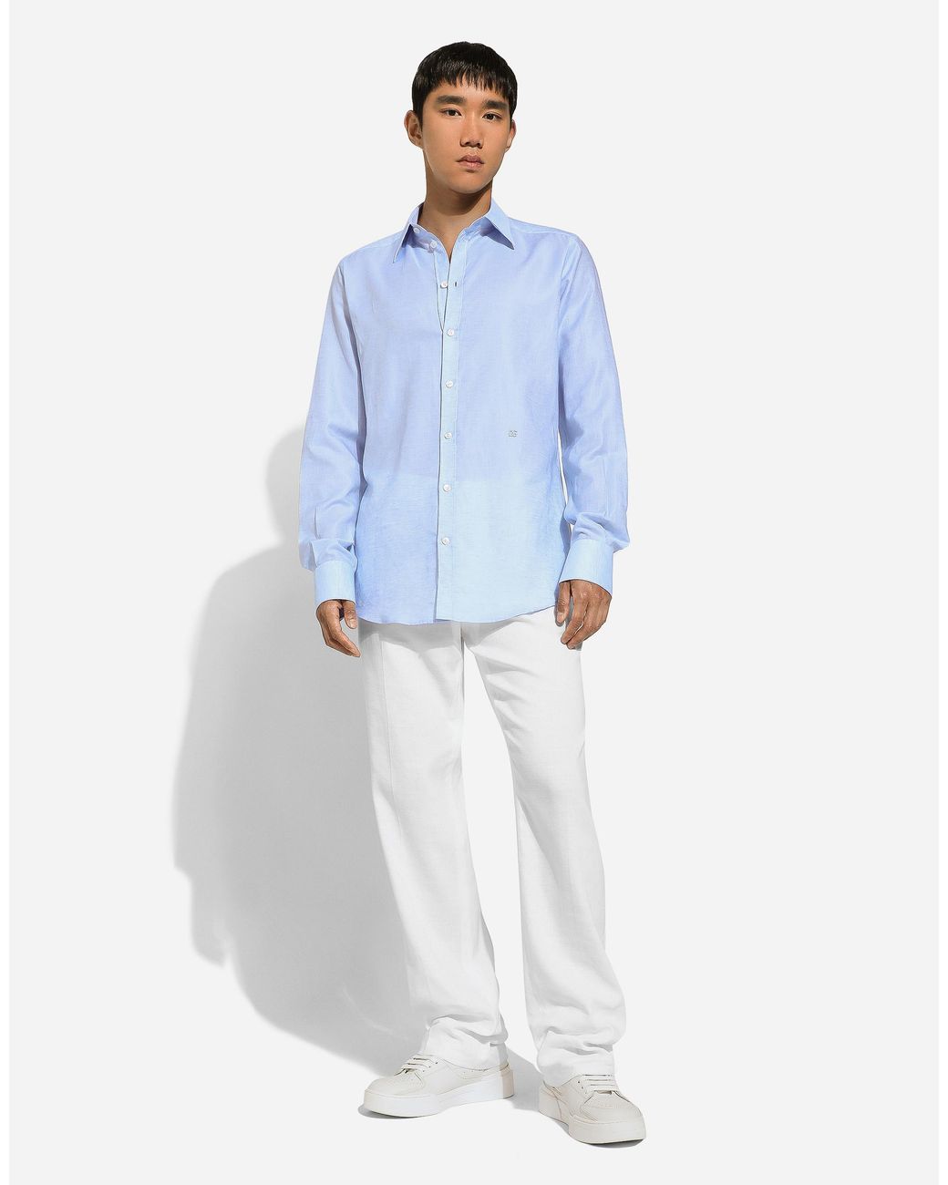 Dolce & Gabbana Blue Cotton And Linen Martini-Fit Shirt for men