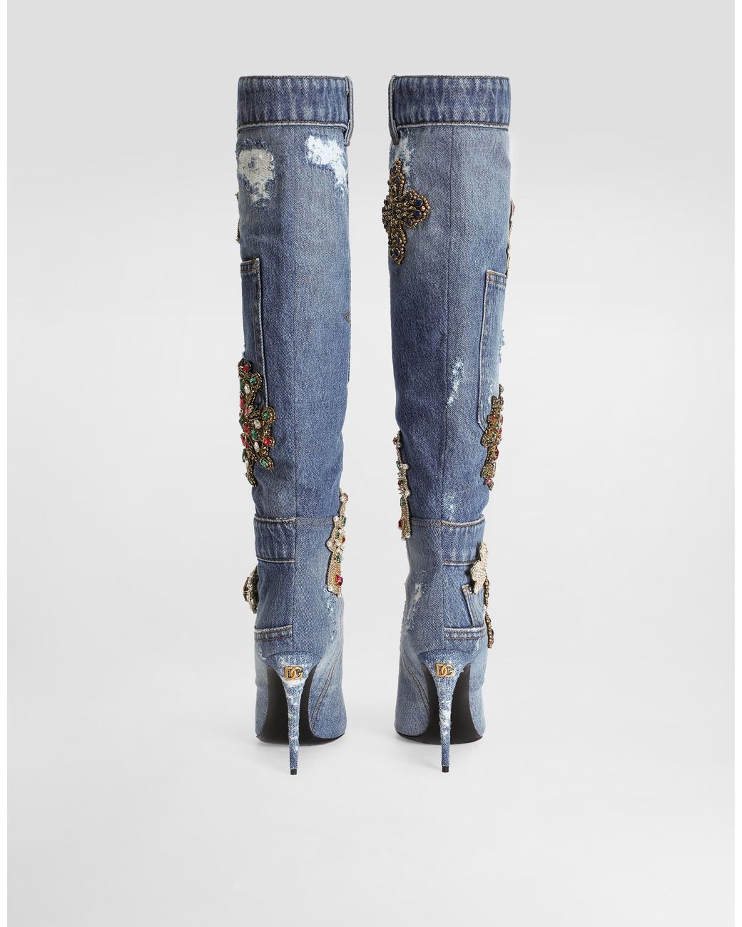 Dolce & Gabbana Blue Denim Boots With Embroidery And Stones