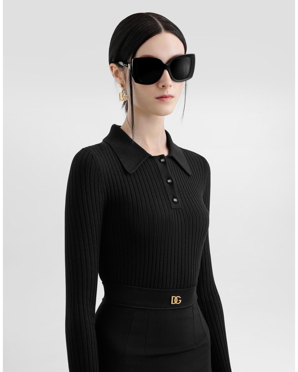 Dolce & Gabbana Black Ribbed Wool Polo-Style Sweater