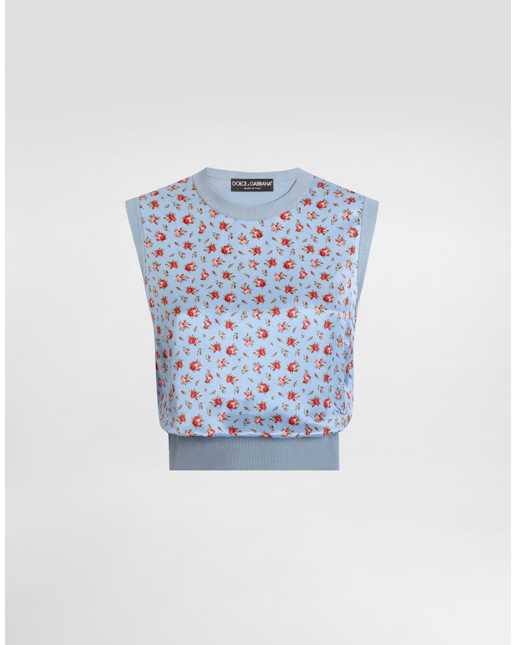 Dolce & Gabbana Blue Small Rose-Print Silk Tank Top