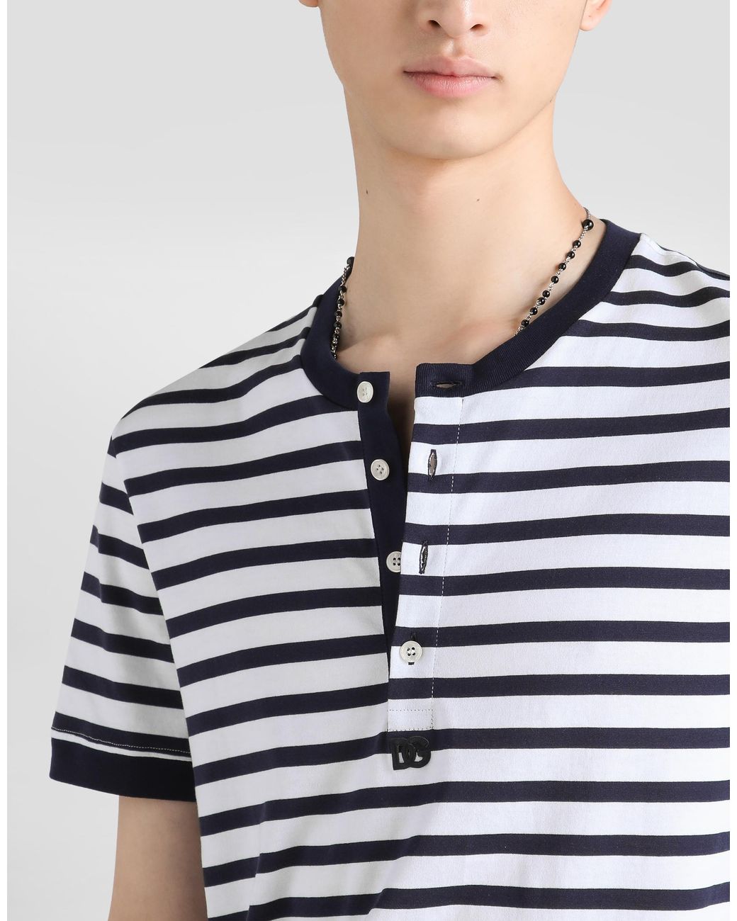 Dolce & Gabbana Blue Serafino Striped Cotton T-Shirt for men