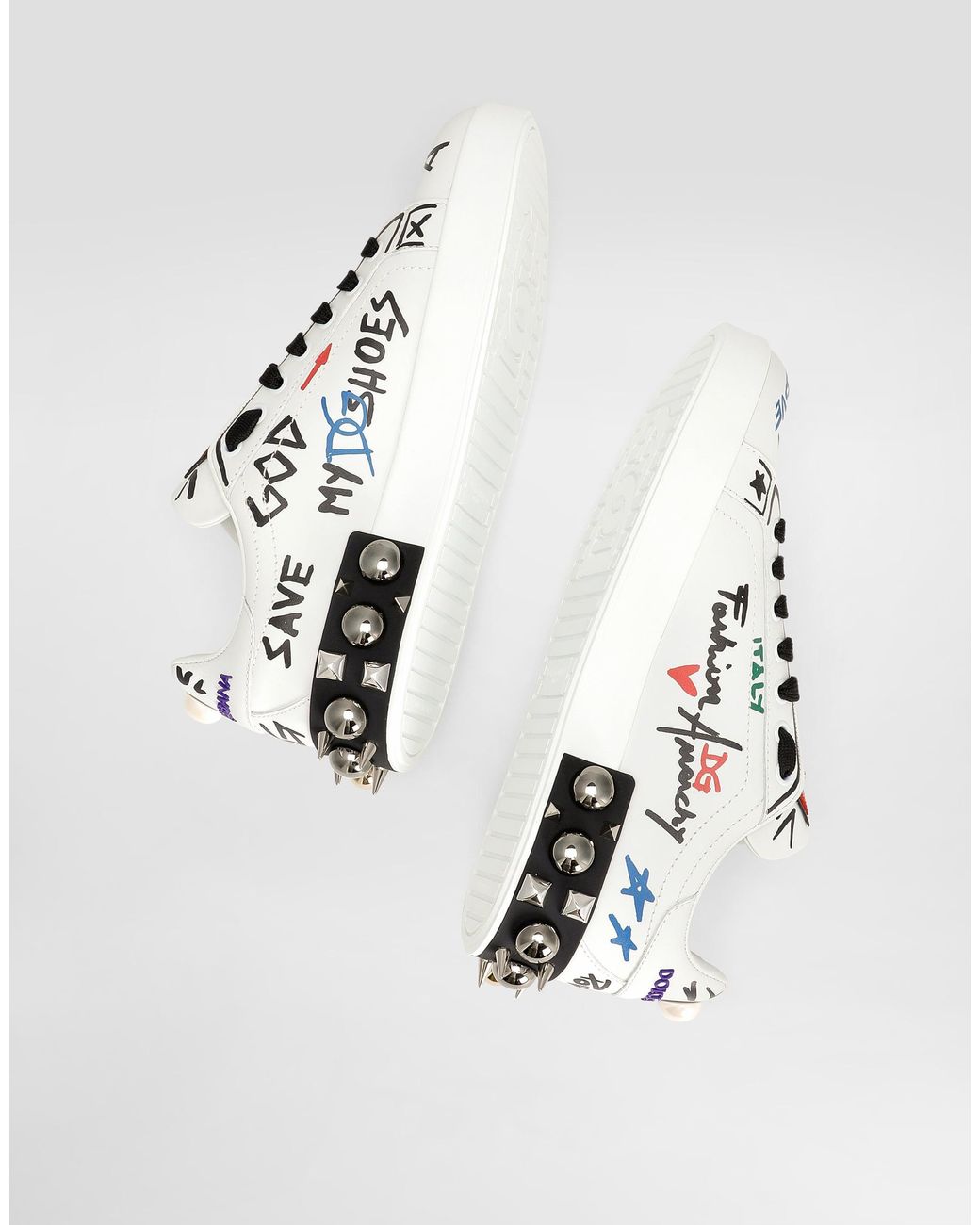 Dolce & Gabbana White Printed Leather Portofino Sneakers
