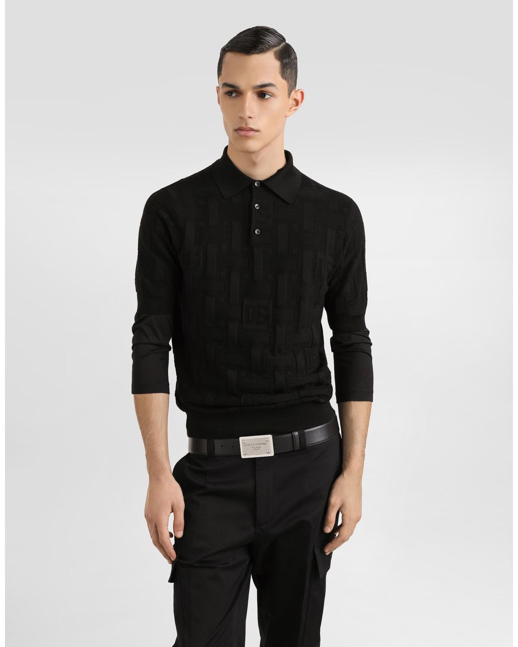 Dolce & Gabbana Black Silk Polo-Shirt With Jacquard Logo for men