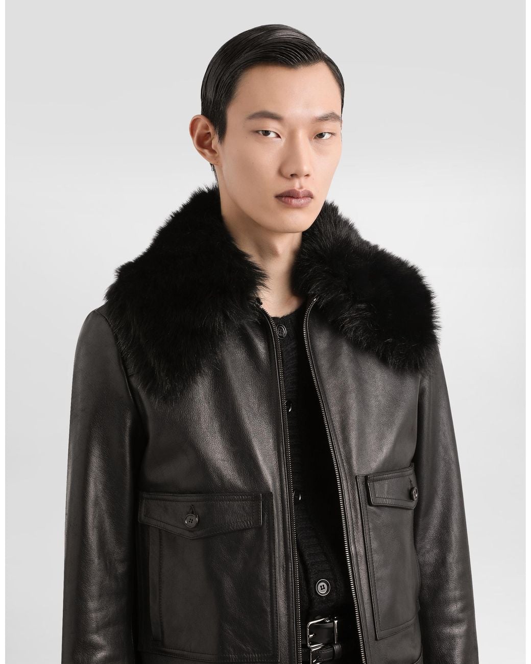 Dolce & Gabbana Black Single-Breasted Coat With Fur Collar for men