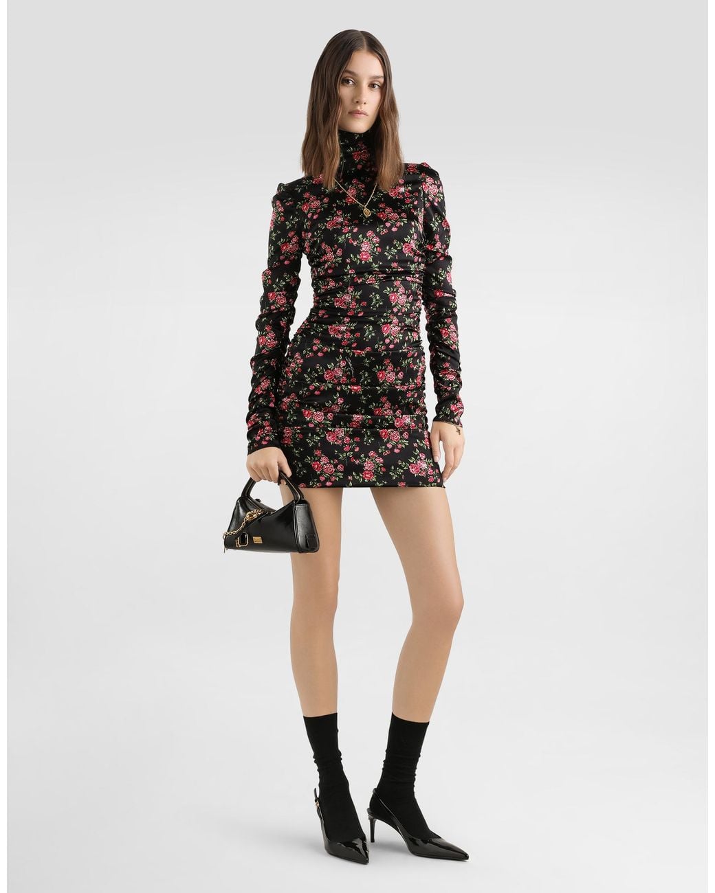Dolce & Gabbana Black Small Rose Bouquets-Print Long Satin Dress
