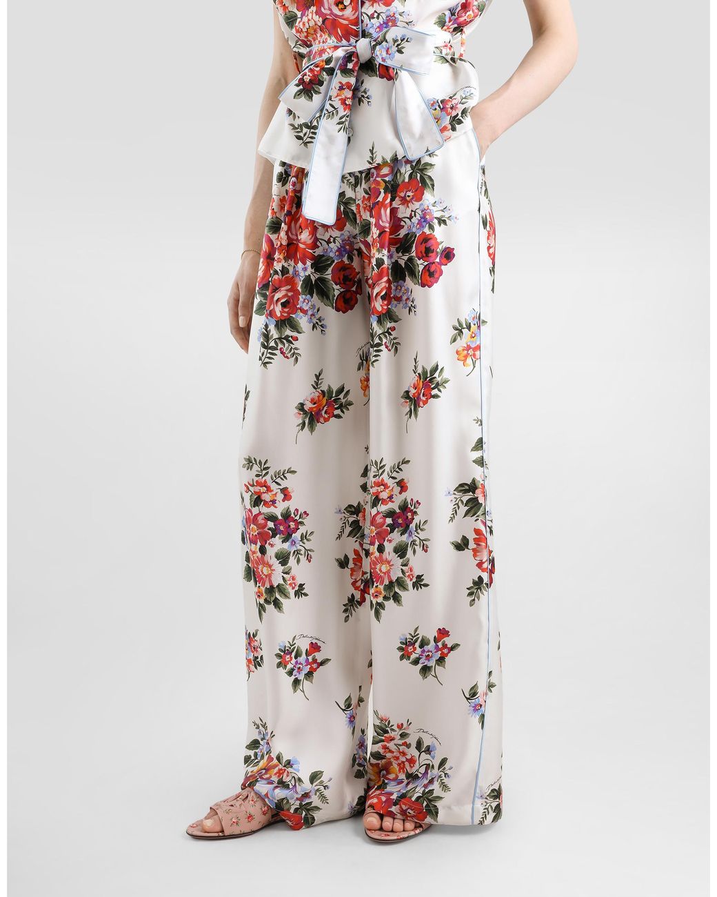 Dolce & Gabbana White Flower Bouquet-Print Twill Trousers