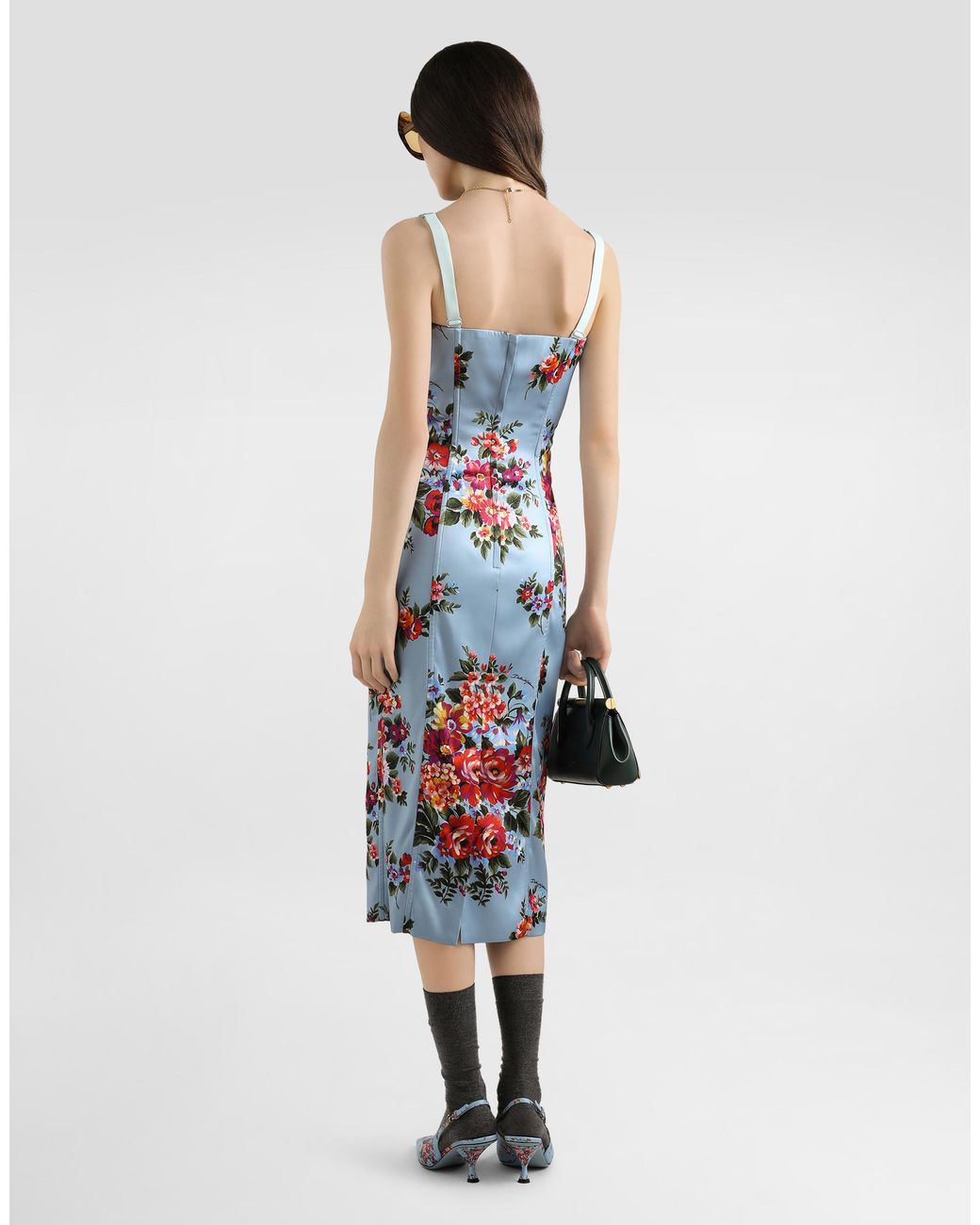 Dolce & Gabbana White Flower Bouquet-Print Satin Dress