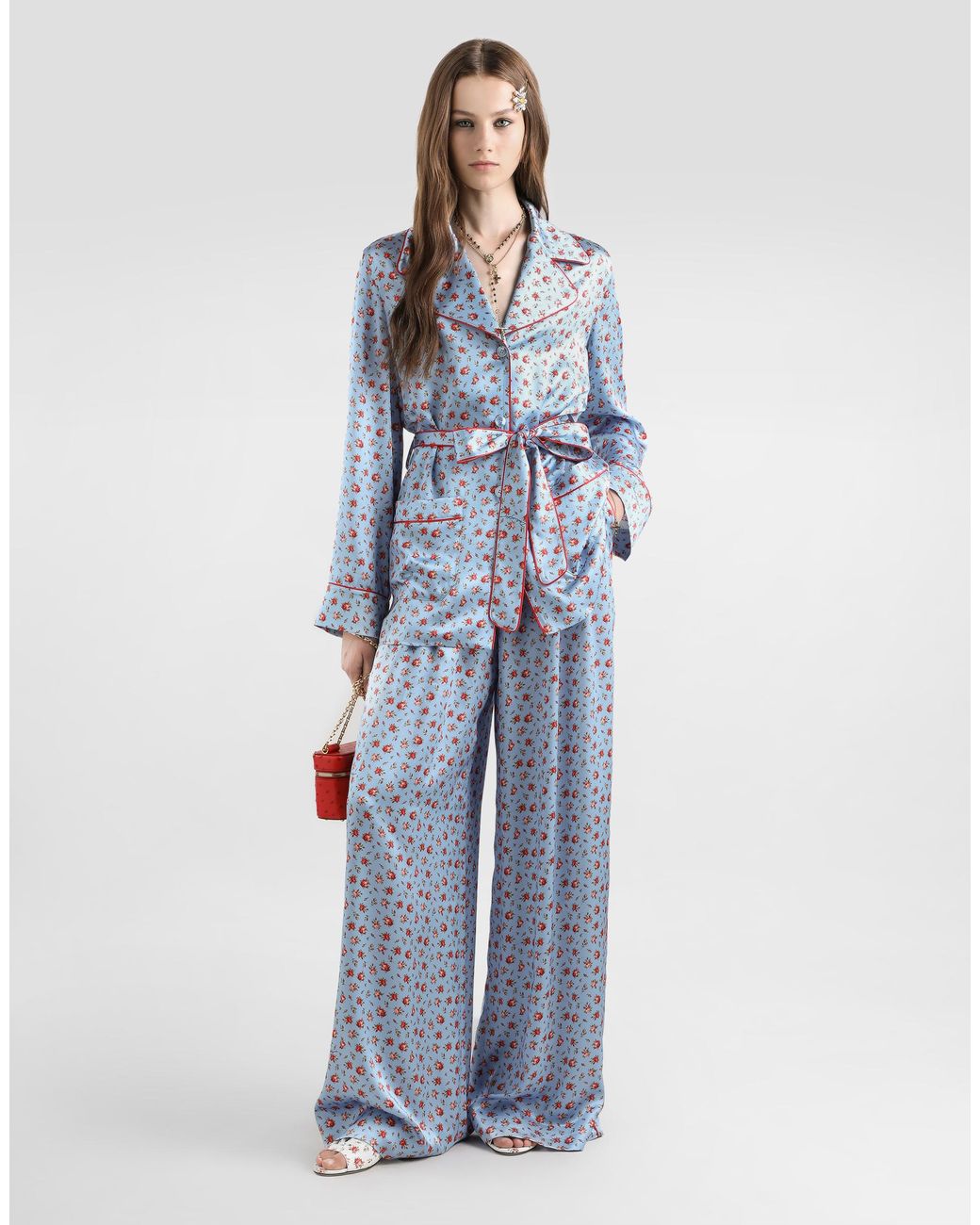 Dolce & Gabbana Blue Small Rose-Print Wide Silk Trousers