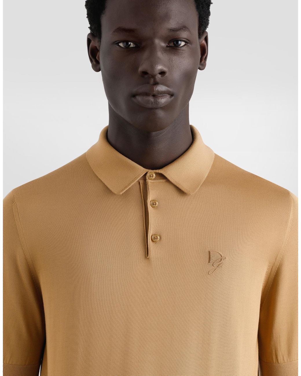 Dolce & Gabbana Natural Silk Polo-Shirt With Logo Embroidery for men