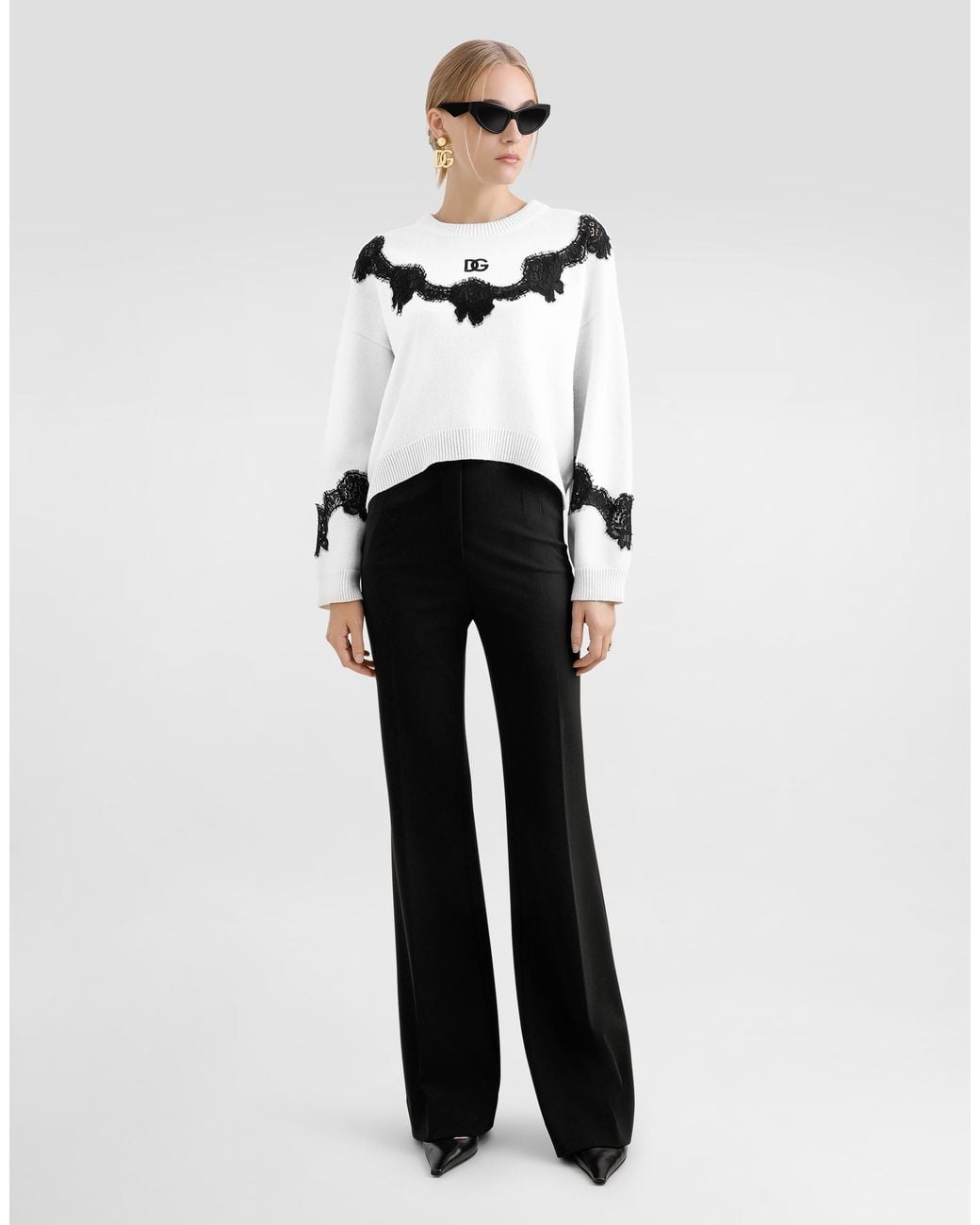 Dolce & Gabbana Black Wool Sweater With Dg Logo And Lace Inserts
