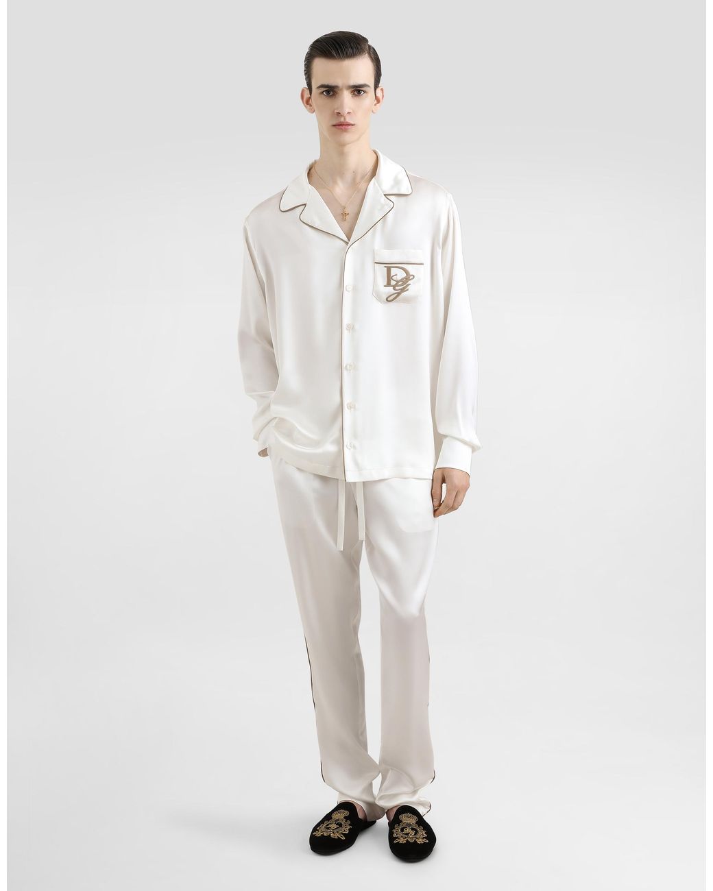 Dolce & Gabbana White Silk Pajama Pants With Logo Embroidery for men