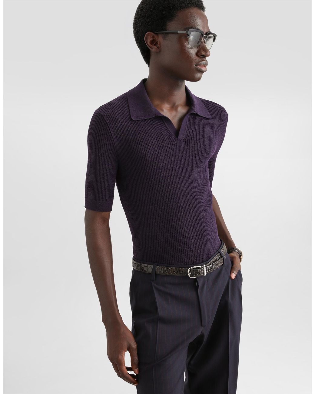 Dolce & Gabbana Blue Rib Knit Polo Shirt for men