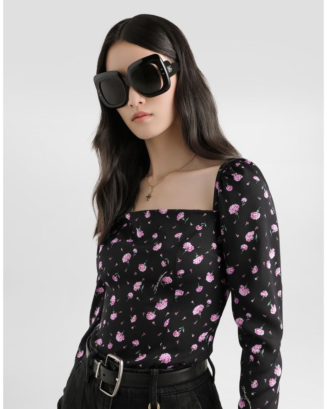 Dolce & Gabbana Black Carnations-Print Silk Top