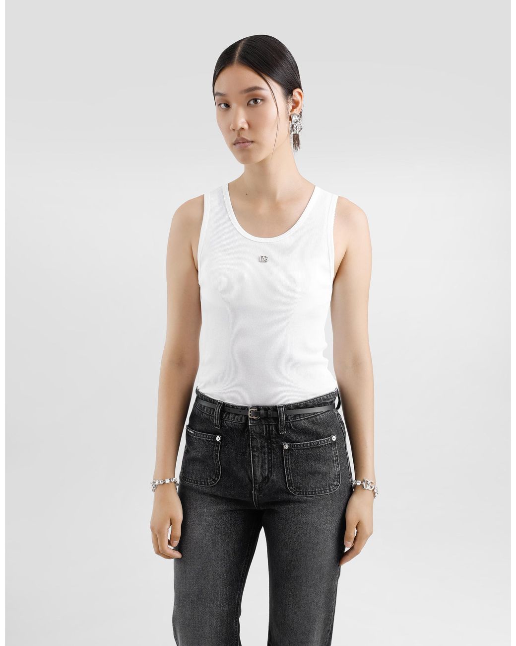 Dolce & Gabbana White Fine-Rib Jersey Tank Top With Dg Logo Pin