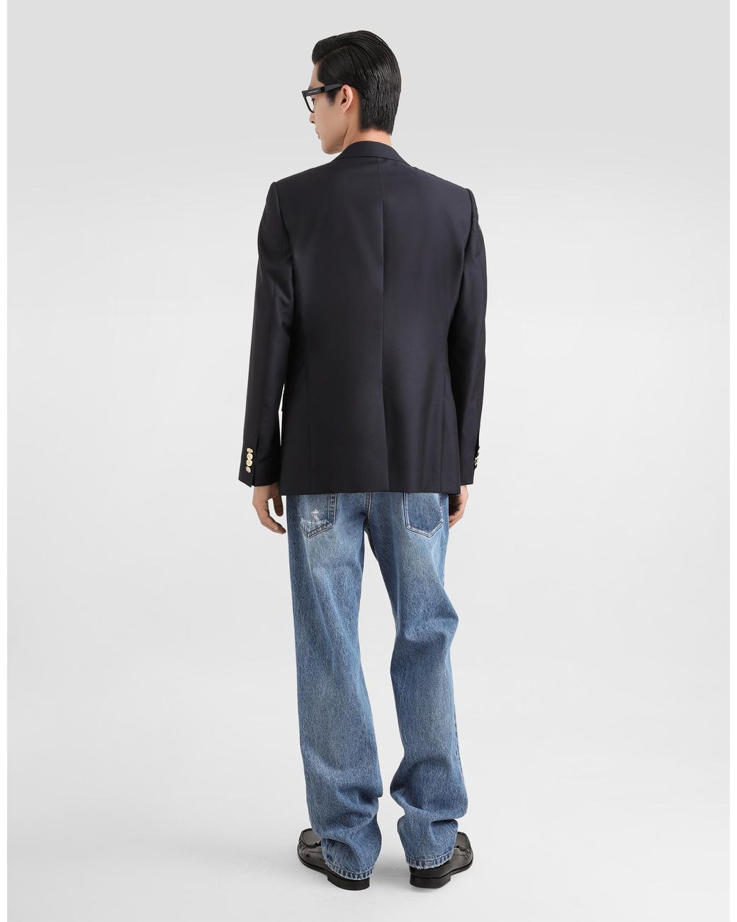 Dolce & Gabbana Blue Single-Breasted Wool And Silk Jacket With Patch for men
