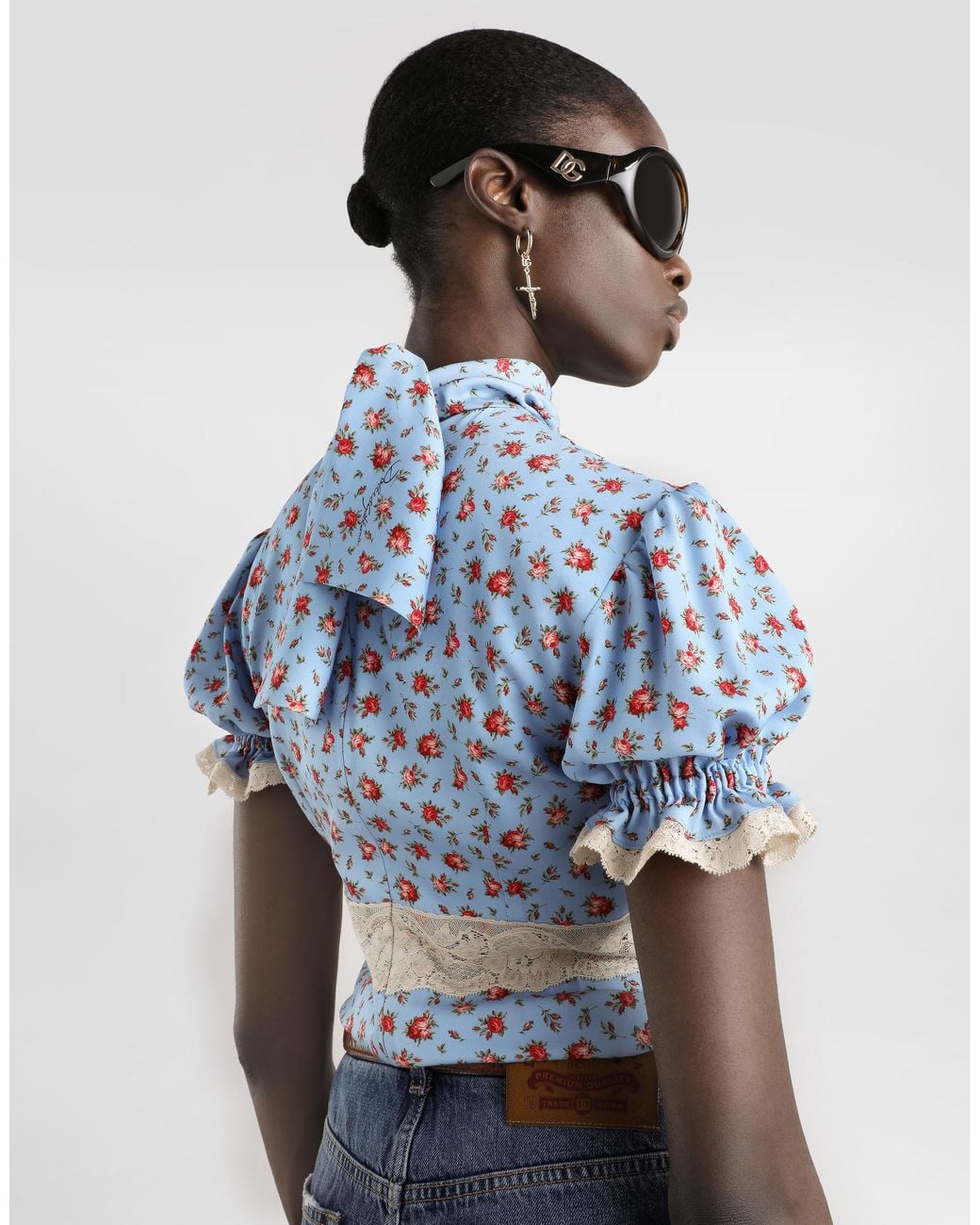 Dolce & Gabbana Blue Small Rose-Print Charmeuse Top