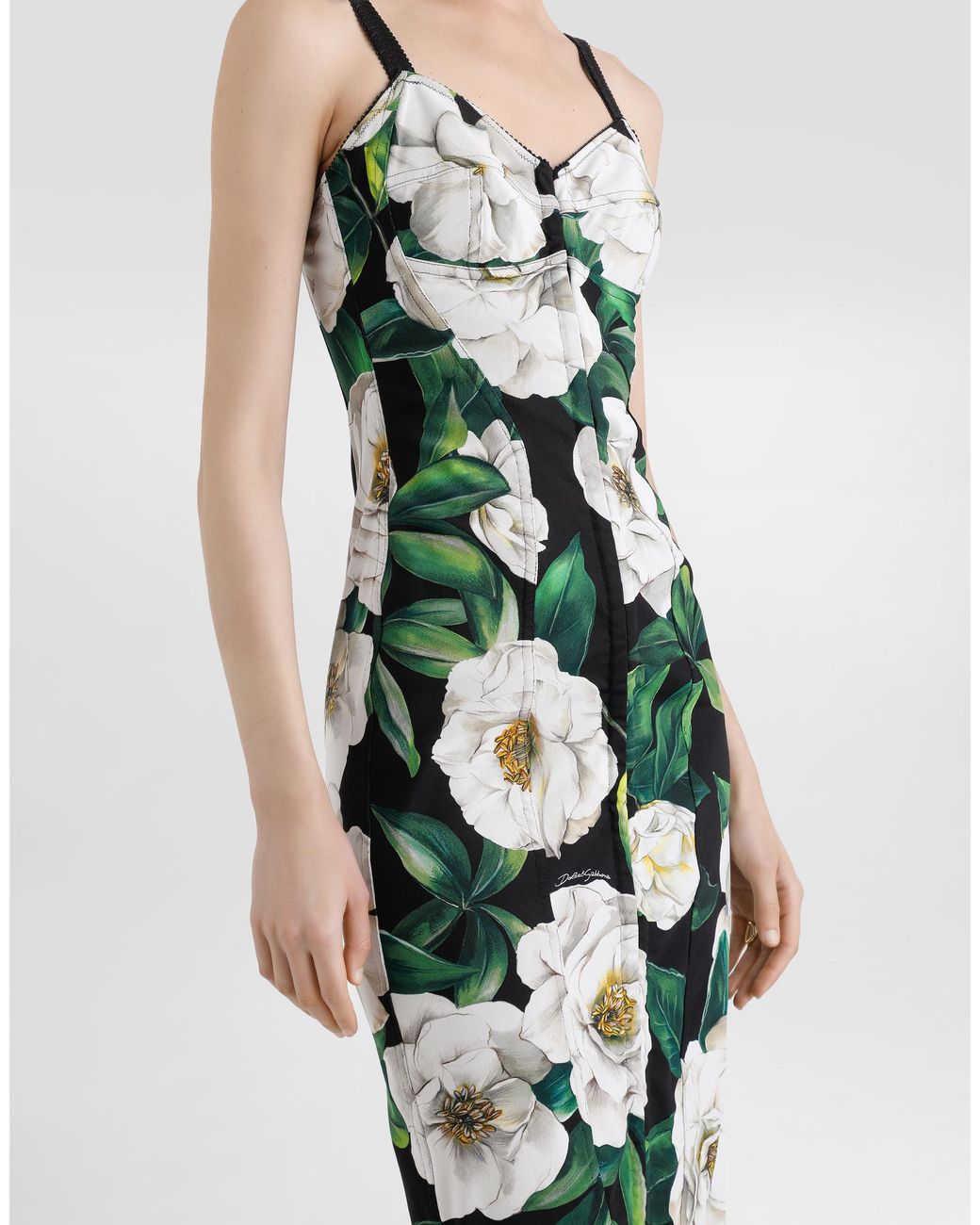 Dolce & Gabbana White Stretch Marquisette Midi Dress With Gardenia