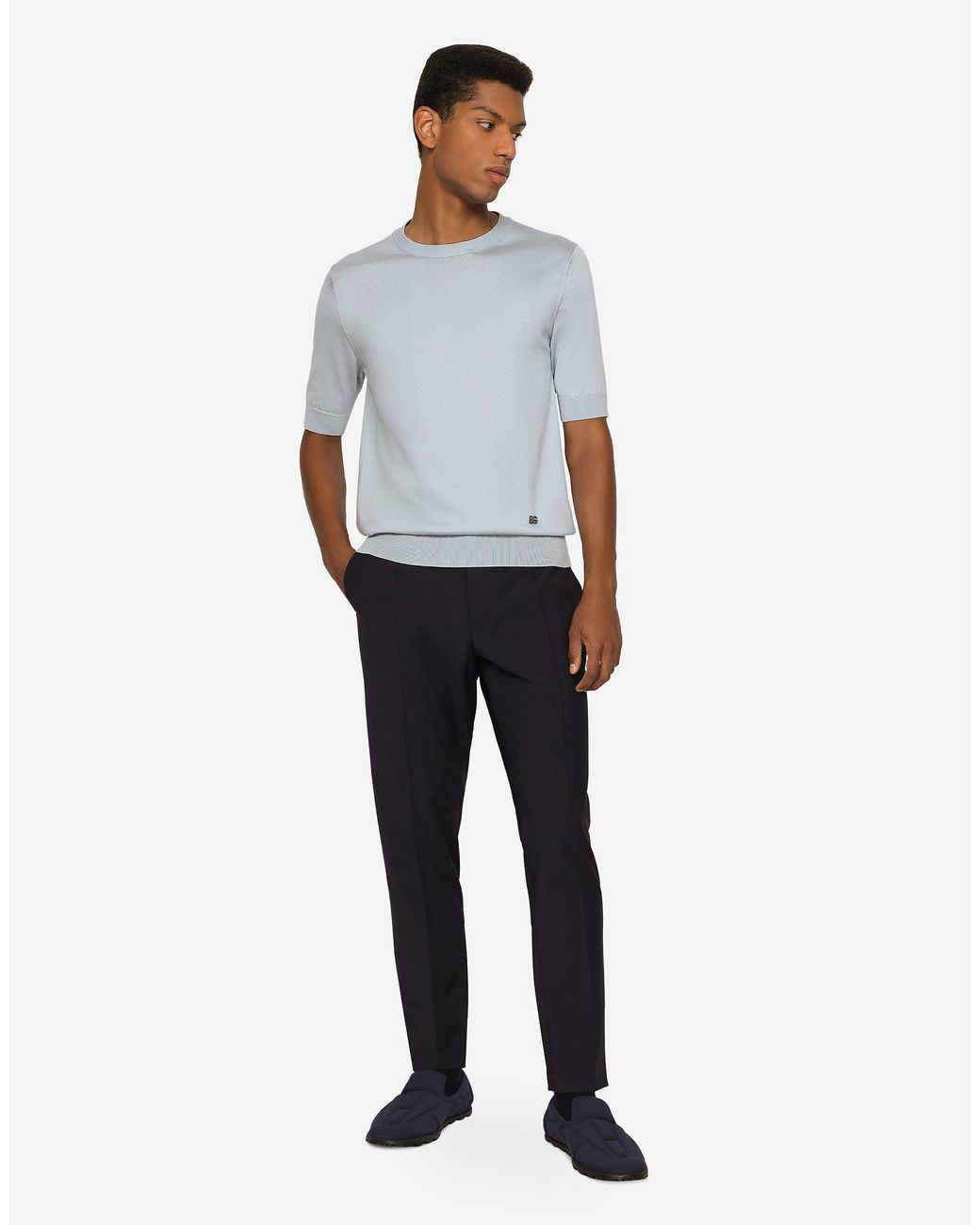 Dolce & Gabbana Blue Stretch Wool Pants With Dg Embroidery for men